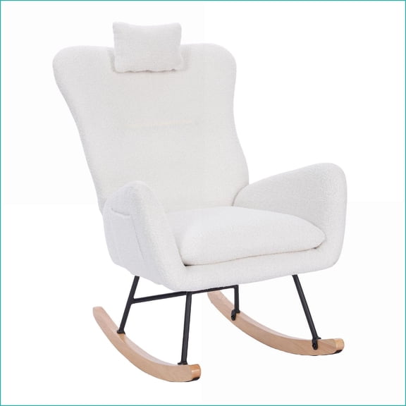 Rocking Chair, White Teddy Upholstered Nursery Rocker for Living Room/Bedroom | Soft Teddy Fabric | Plush Teddy Cushion