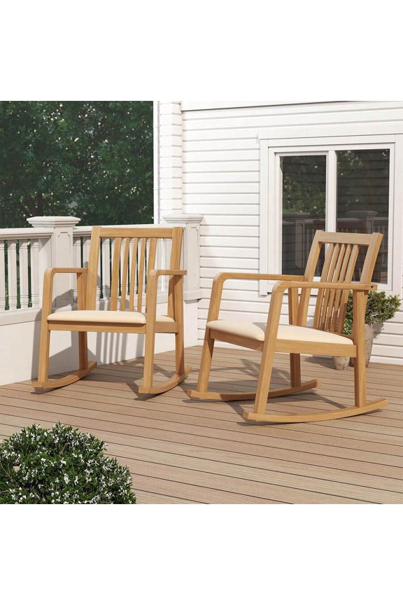 Rocking Chair With Cushioned Seat, Slatted Back & Curved Armrests For Living Room