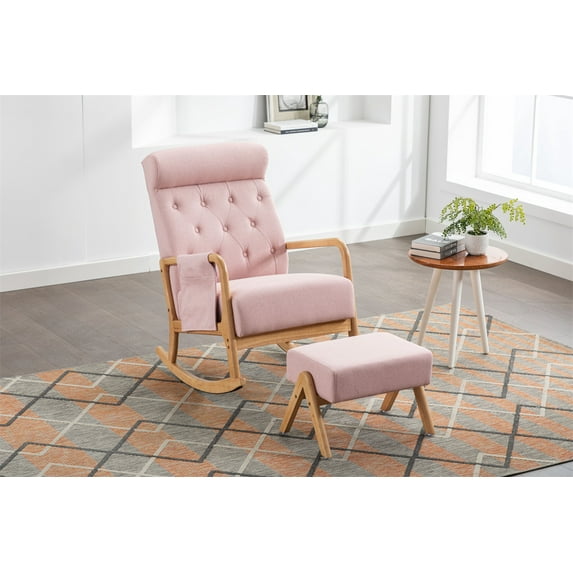 Rocking Chair With Footstool,Mid-Century Modern Upholstered Accent Rocking Lounge Chair,Rocking Armchair Nursery with Thick Padded Cushion,High-Back Accent Glider Rocker Chair for Living Room,Pink