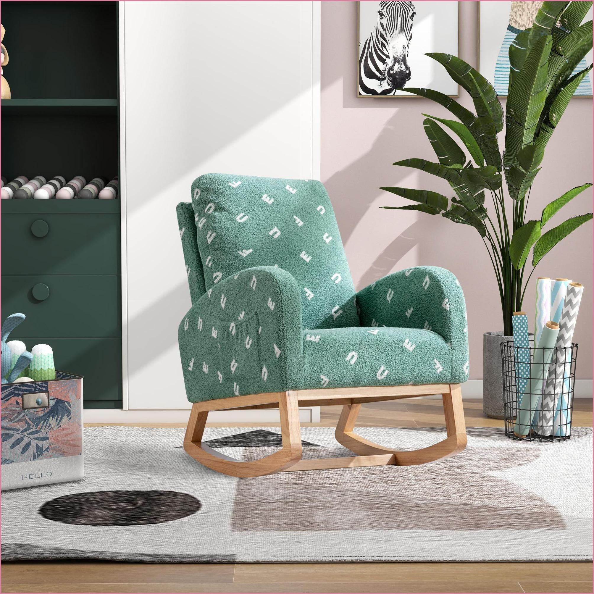 Rocking Chair for Nursery, 26.8"W Mid-Century Green Boucle Accent Rocker with Side Pocket | Boucle | Foam