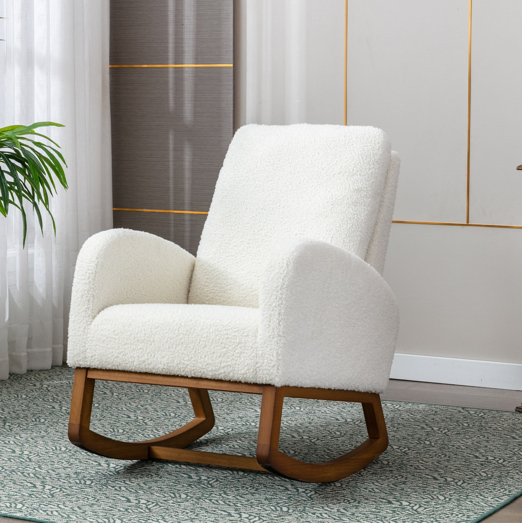 White Teddy Upholstered Wood Rocking Chair with Side Pocket