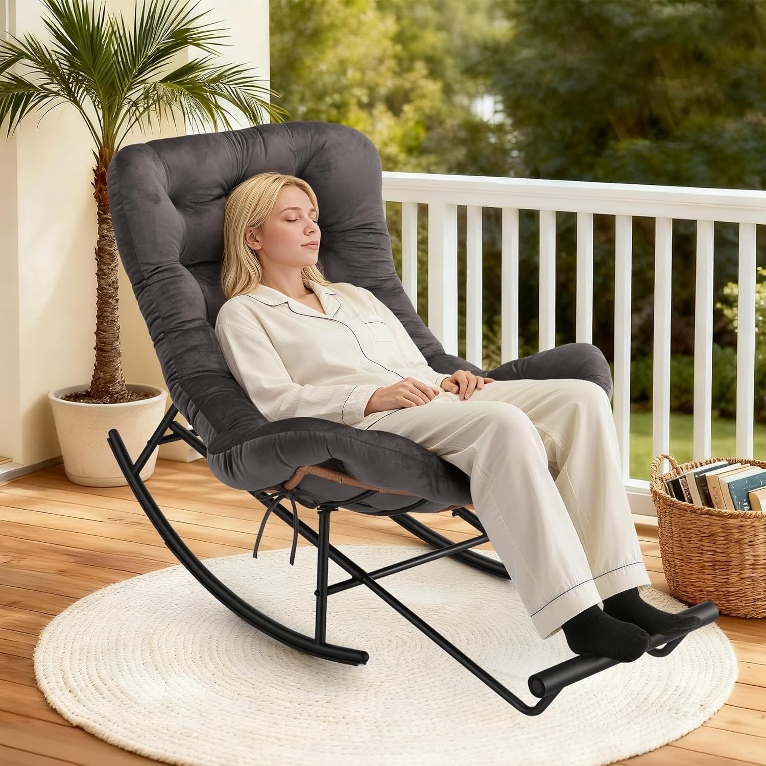 Rocking Chair with Extendable Footrest & Detachable Flannel Cushion ...