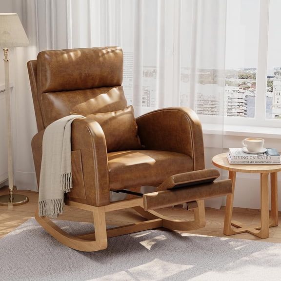 Rocking Chair with Footrest - Nursery Glider Chair PU Leather Extendable Footrest Side Pockets High Back 300 lbs for Living Room Bedroom Orange