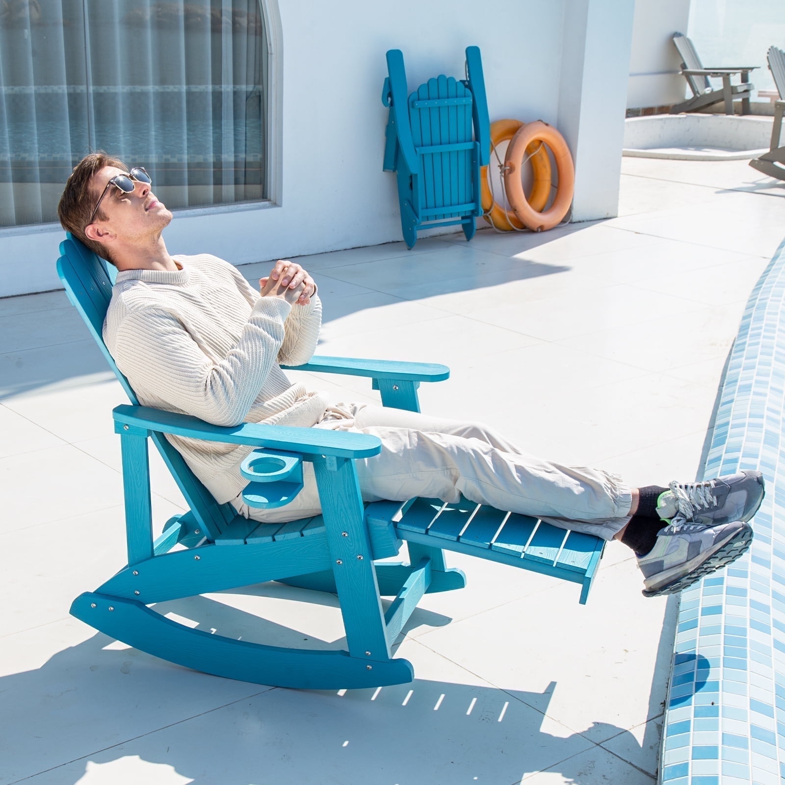 Wingyz Porch Rocking Chair with Ottoman, Indoor Outdoor Adirondack Chairs with Footrest Cup Holders