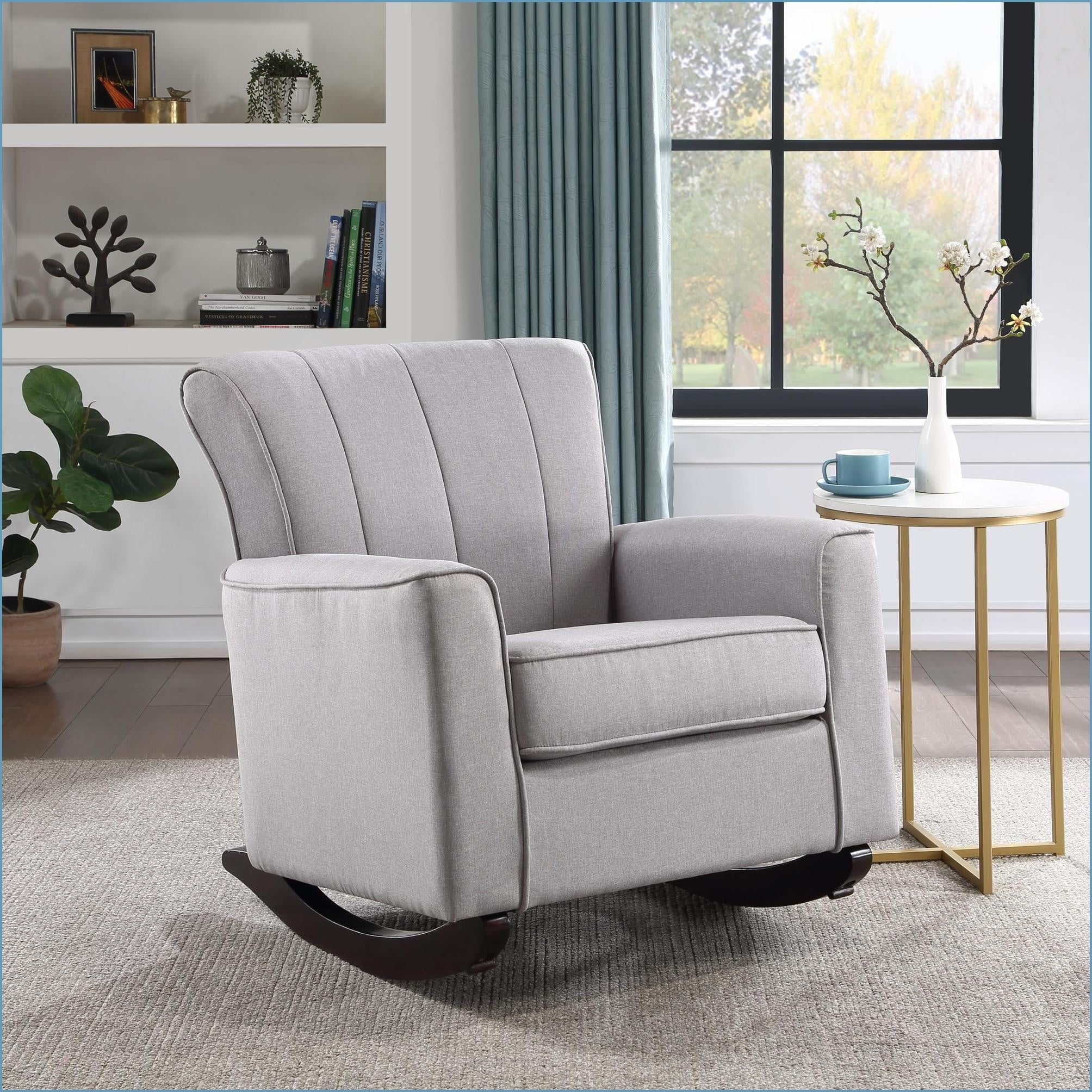 Rocking Chairs, Denzell Light Gray Linen Rocking Chair | Linen Fabric | Pocket Coil Seat