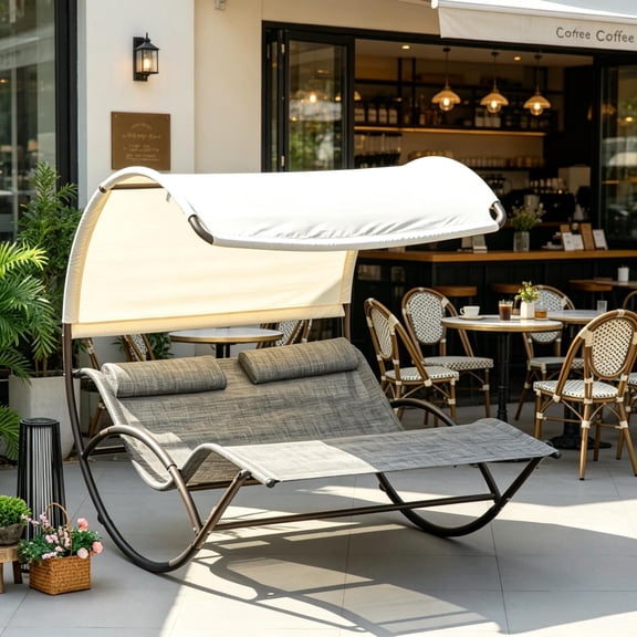 Rocking Day Bed for Two  Outdoor Rocking Chair Lounger with Canopy Shade, 528 lbs Capacity, Steel Frame & Breathable Mesh for Poolside Garden Patio