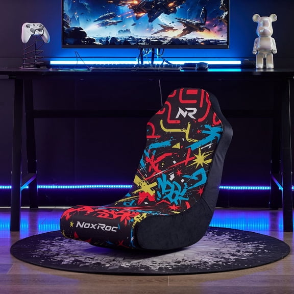 Rocking Gaming Chair with Graffiti Printed Fabric and High Density Sponge Cushion, Ergonomic Floor Game Chair with Metal Support Frame for Bedroom, Game Room, Apartment, Guest Room, Colorful