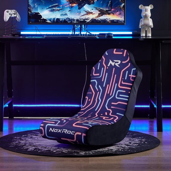 Rocking Gaming Chair with Graffiti Printed Fabric and High Density Sponge Cushion, Ergonomic Floor Game Chair with Metal Support Frame for Bedroom, Game Room, Apartment, Guest Room, Black+Pink