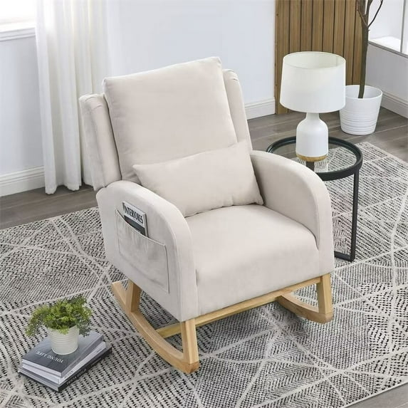 Rocking Glider Chair for Nursery, Wingback Accent Rocker Chair with Lumbar Pillow and 2 Side Pockets, 27.5"W Modern High Back Upholstered Armchair Leisure Single Sofa for Living Room, Beige
