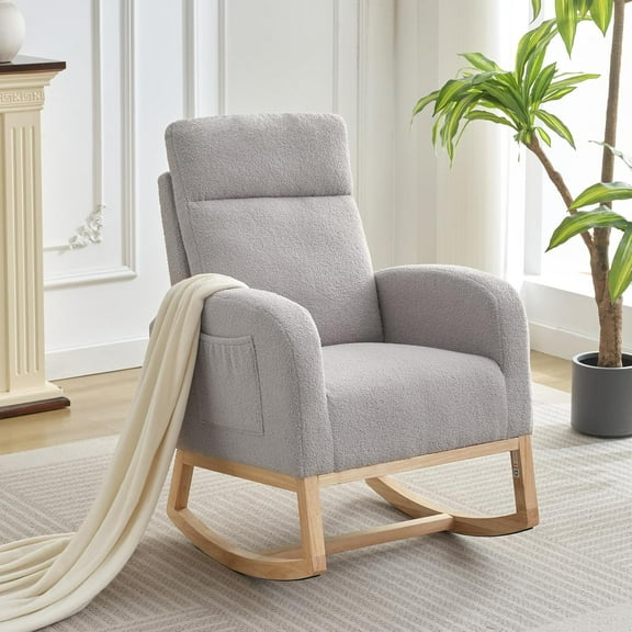 Rocking Glider Chair for Nursery, Wingback Accent Rocker Chair Upholstered Tall Back Arm Chair with Side Pockets, Ursing Rubber Wood Legs and Side Pocket for Living Room, Bedroom