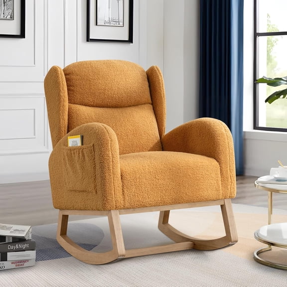 Rocking Glider Chair for Nursery, Wingback Teddy Accent Rocker Chair Upholstered Tall Back Arm Chair w/Side Pockets, Modern Leisure Single Sofa for Living Room, Hotel, Bedroom, Baby Room, Khaki
