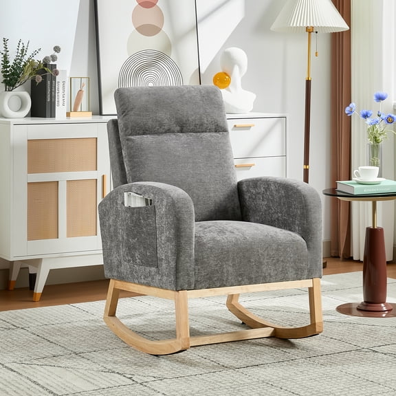 Rocking Glider Chair for Nursery, Upholstered Accent Armchair with Side Pockets & Wood Frame, Comfortable Rocker for Living Room, Bedroom, and Lounge