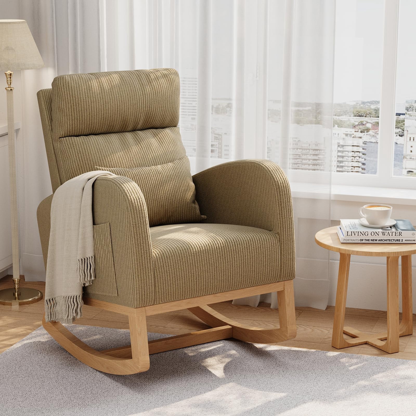 Rocking Glider Chair with Side Pockets and Pillow, Nursery Accent Chair, for Living Room Bedroom Nursing Room, Light Brown
