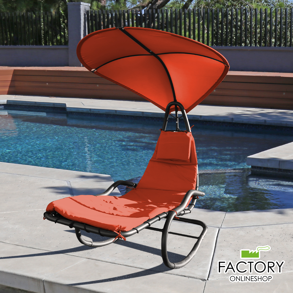Rocking Hanging Lounge Chair - Curved Chaise Rocking Lounge Chair Swing For Backyard Patio w/ Built-in Pillow Removable Canopy with stand {Orange} - image 1 of 8
