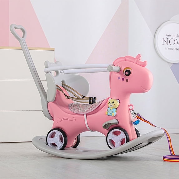 Rocking Horse for 1 Year Old, SHINPT Toddler Rocking Toy with Push Handle, Baby Ride On Toy for Toddlers 1-3, Kids Ride On Horse Indoor, Baby Rocker Toy for Birthday Gift, Blue/Pink Rocking Horse