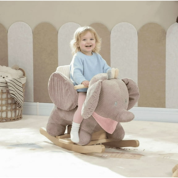 Rocking Horse for Ages 1-3, Plush Ride On Toy with Safety Belt, Wooden Rocking Horse with Sounds and Pedal, Animal Rocker for Kids, Weight Capacity 55 LBS, Brown Elephant