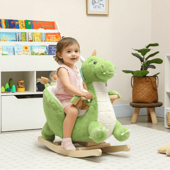 Rocking Horse for Ages 1-3, Plush Ride On Toy with Safety Belt, Wooden Rocking Horse with Sounds and Pedal, Animal Rocker for Kids, Weight Capacity 55 LBS, Green Dragon