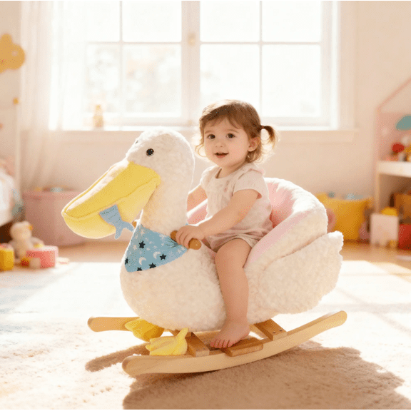 Rocking Horse for Ages 1-3, Plush Ride On Toy with Safety Belt, Wooden Rocking Horse with Sounds and Pedal, Animal Rocker for Kids, Weight Capacity 55 LBS, White Pelican