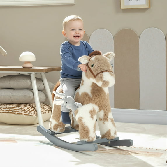 Rocking Horse, Kids Plush Animal Rocker with Realistic Neigh for Toddlers, Soft Filling Ride on Horse with Rabbit Toy, Brown