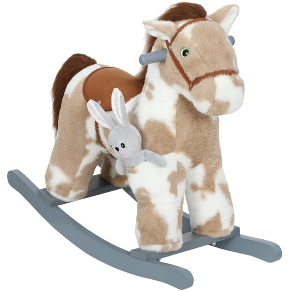 Rocking Horse, Kids Plush Horse Rocker with Rabbit Toy and Realistic Neigh for Toddlers 25 Years Old, Brown