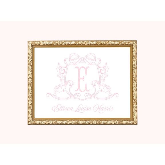 Rocking Horse Monogram Crest Grandmillennial Name Above Crib Decorative Nursery Poster , Poster Print Only