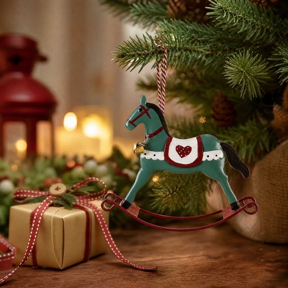 Rocking Horse Ornament, Iron Christmas Decoration, Classic Rocking Horse Silhouette with Hanging Loop for Home Displays, Painted Metal Figure for Nostalgic Holiday Accent Decor