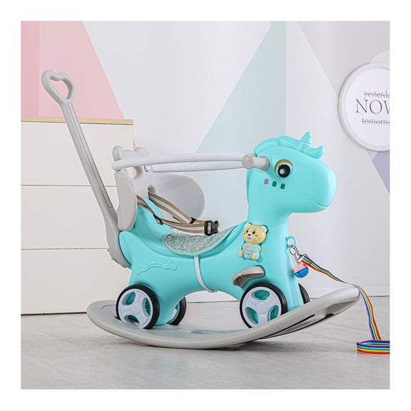 Rocking Horse for Toddlers, Balance Bike Ride On Toys with Push Handle, Backrest and Balance Board for Baby Girl and Boy, Unicorn Kids Riding Birthday (Blue)