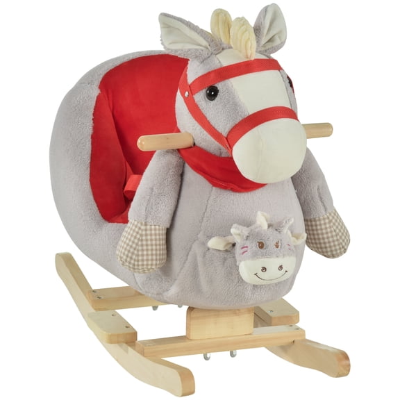 Rocking Horse Toy for Toddlers 18-36 Months - Plush Ride-On Rocker with Lullaby Song, Hand Puppets, Sturdy Wooden Base, Gray - Soft Rocking Chair for Kids