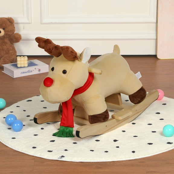 Rocking Horse with Wooden Handles and Footrest, Cute Moose Rocking Toy with Sound Buttons, Solid Wood Base, Comfly Plush Body Rocking Chair for Christmas Gift, Brown