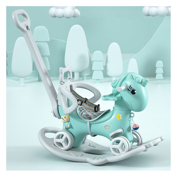 Rocking Horse for Toddlers, Balance Bike Ride On Toys with Push Handle, Backrest and Balance Board for Baby Girl and Boy, Unicorn Kids Blue color