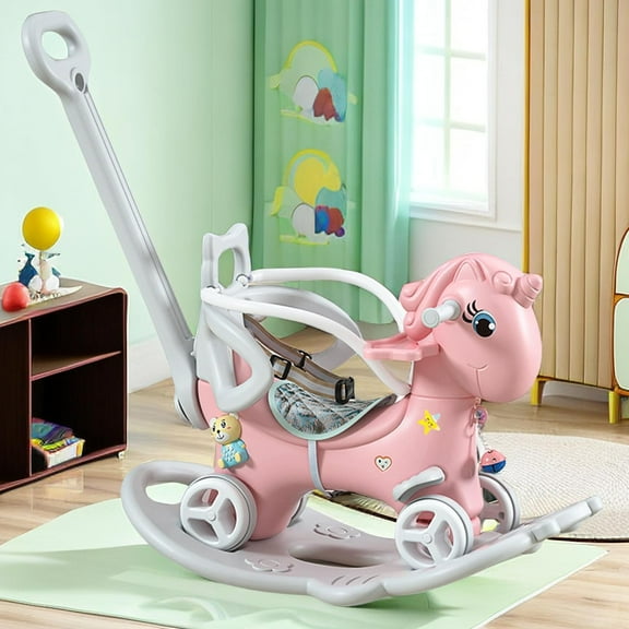 Montary Unicorn Toddler Rocking Horse Balance Bike w/ Push Handle, Backrest & Board - Pink for Ages 1-3 Years