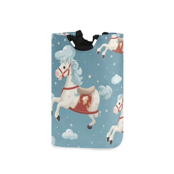 Rocking Horses Clouds Cartoon Laundry Basket with Handles Foldable Laundry Hamper Freestanding Washing Bin 50L