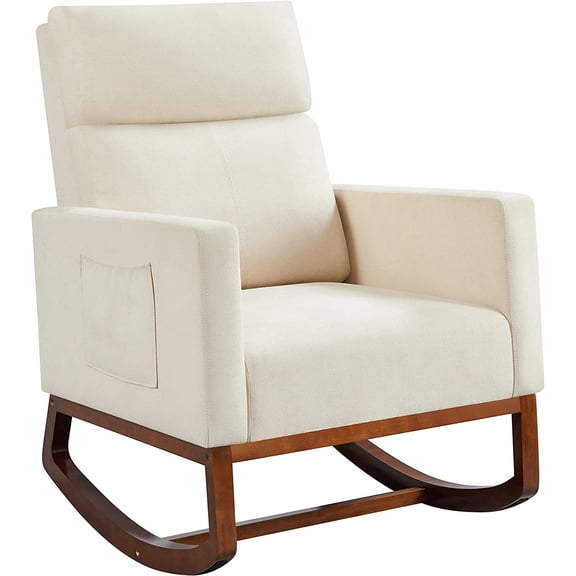 Rocking Living Room Chair, Upholstered Glider Chair with Side Pocket, Modern Accent Chair with High Back Comfy Armchair for Living Room Bedroom Lounge Nursery, Beige