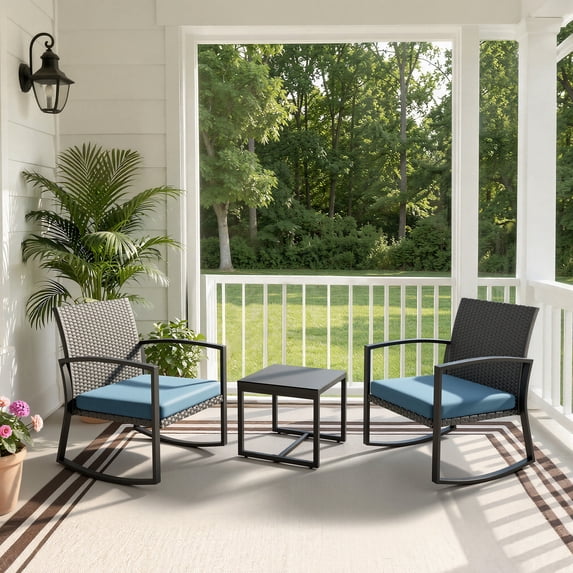 WWR Rocking Patio Bistro Sets 3 Piece - All-Weather - Conversation Furniture Set, Wicker Rattan Outdoor Front Porch Chair for Balcony, Porch, Garden, Backyard, Poolside,Blue
