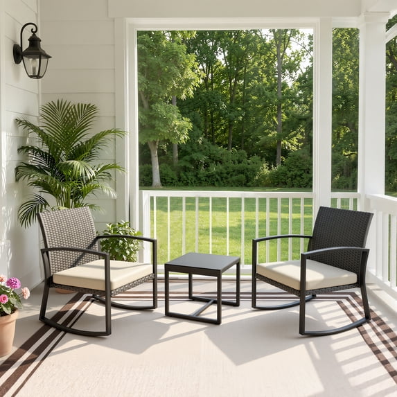 WWR Rocking Patio Bistro Sets 3 Piece - All-Weather - Conversation Furniture Set, Wicker Rattan Outdoor Front Porch Chair for Balcony, Porch, Garden, Backyard, Poolside