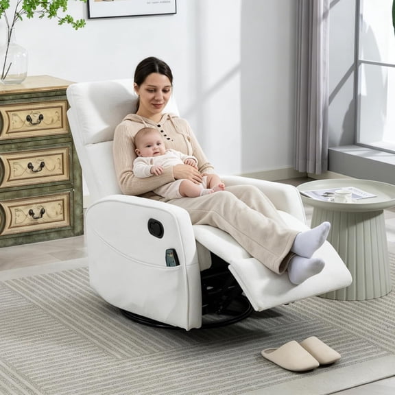 Rocking Recliner for Adults, 270° Swivel Rocking Recliner with Massage and Heating, Nursery Rocking Chairs with Side Pockets, Manual Reclining Chair for the Living Room, Bedroom, Nursery (White)