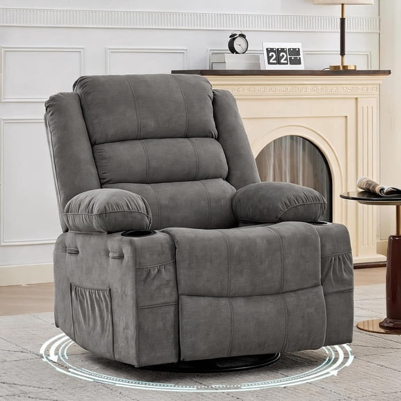 Rocking Recliner Chair for Adults 360° Swivel Manual Recliner | Comfy Linen Textured Fabric Recliner Chair with Overstuffed Headrest Cup Holder Side Pocket for Nursery and Living Room, Linnen Gray