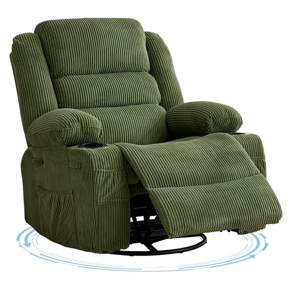 Rocking Recliner Chair for Adults – Wide 360° Swivel Rocker Recliner with Cup Holder, Nursery Glider with Deep Seat – Corduroy/PU/Linen – Green/Beige/Black/Gray