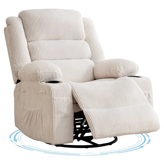 Rocking Recliner Chair for Adults – Wide 360° Swivel Rocker Recliner with Cup Holder, Nursery Glider with Deep Seat – Corduroy/PU/Linen – Green/Beige/Black/Gray