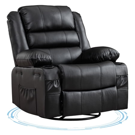 Rocking Recliner Chair for Adults Wide 360° Swivel Rocker Recliner with Cup Holder Nursery Glider with Upholstered Deep Seat PU Leather Comfy Single Sofa for Living Room Black