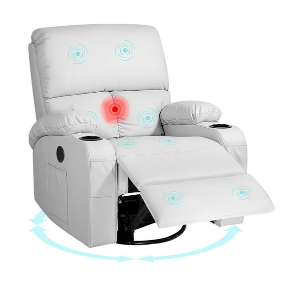 Rocking Recliner Chair, Massage Rocker Recliner Chair with Vibration Massage and Heat, USB and Type-C Ports,360° Swivel Faux Leather Chairs, Living Room, Bedroom, Nursery, RV, Light Grey