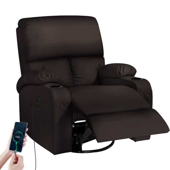 Rocking Recliner Chair, Massage Rocker Recliner Chair with Vibration Massage and Heat, USB and Type-C Ports,360° Swivel Faux Leather Chairs, Living Room, Bedroom, Nursery, RV, Brown