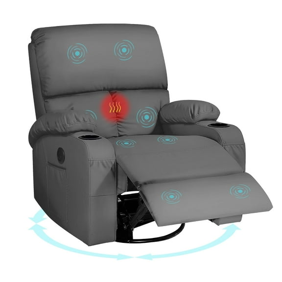 Rocking Recliner Chair, Massage Rocker Recliner Chair with Vibration Massage and Heat, USB and Type-C Ports,360° Swivel Faux Leather Chairs, Living Room, Bedroom, Nursery, RV, Dark grey