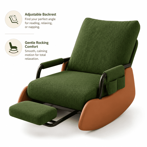 Rocking Recliner Chair, Upholstered Lounge Rocker with Adjustable Backrest for Adults, Comfortable Relaxing Sleeper Chair for Balcony, Living Room, Patio