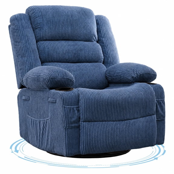 Rocking Recliner Chair for Adults, 360° Swivel Rocker with Cup Holder, Corduroy Upholstered Deep Seat Nursery Glider, Blue