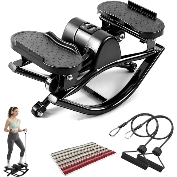 Rocking Stepper for Exercise at Home Portable Lateral Rock Stepper from Side to Side with Resistant Bands and Non-Slip Mat - Black