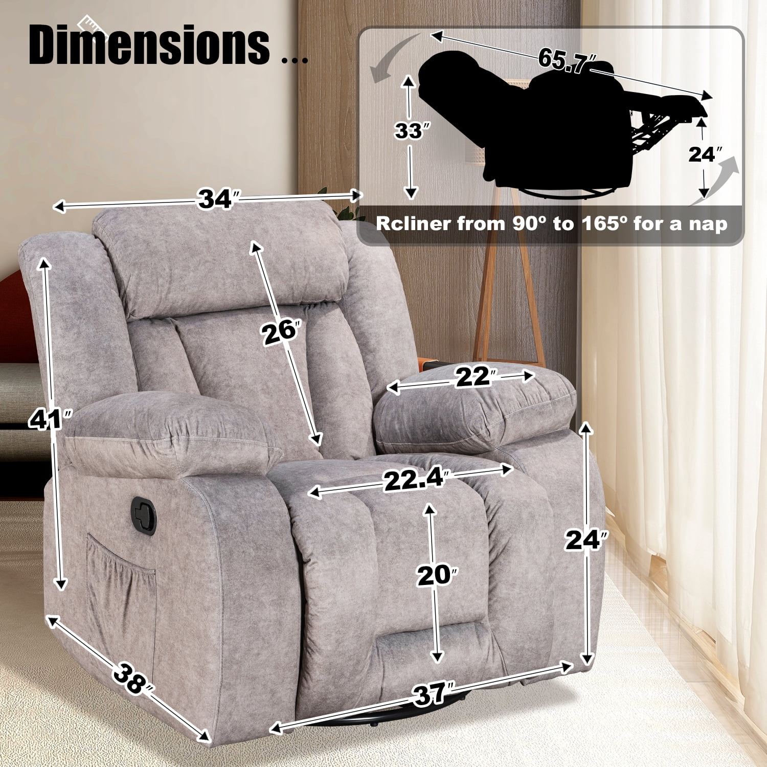 Light Brown Rocking Chair Rocking and swivel Recliner Chair 41.73'' Wide Home Theater Individual ...