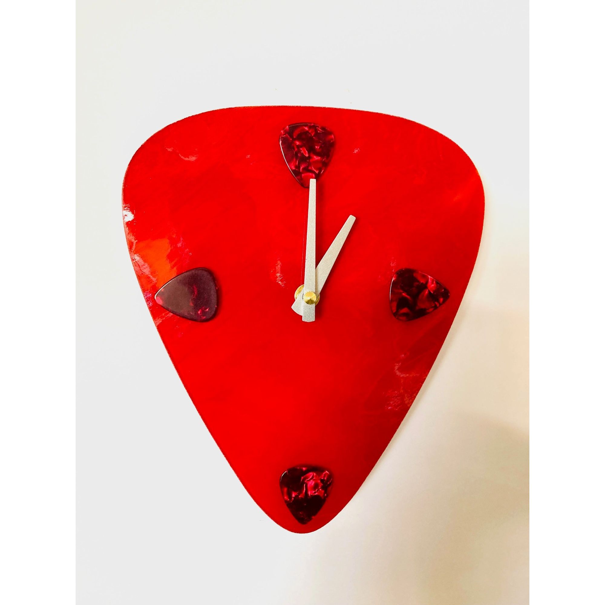 Rocking the Clock 8" Red and Silver Small Wave Art Glass Guitar Pick Wall Clock