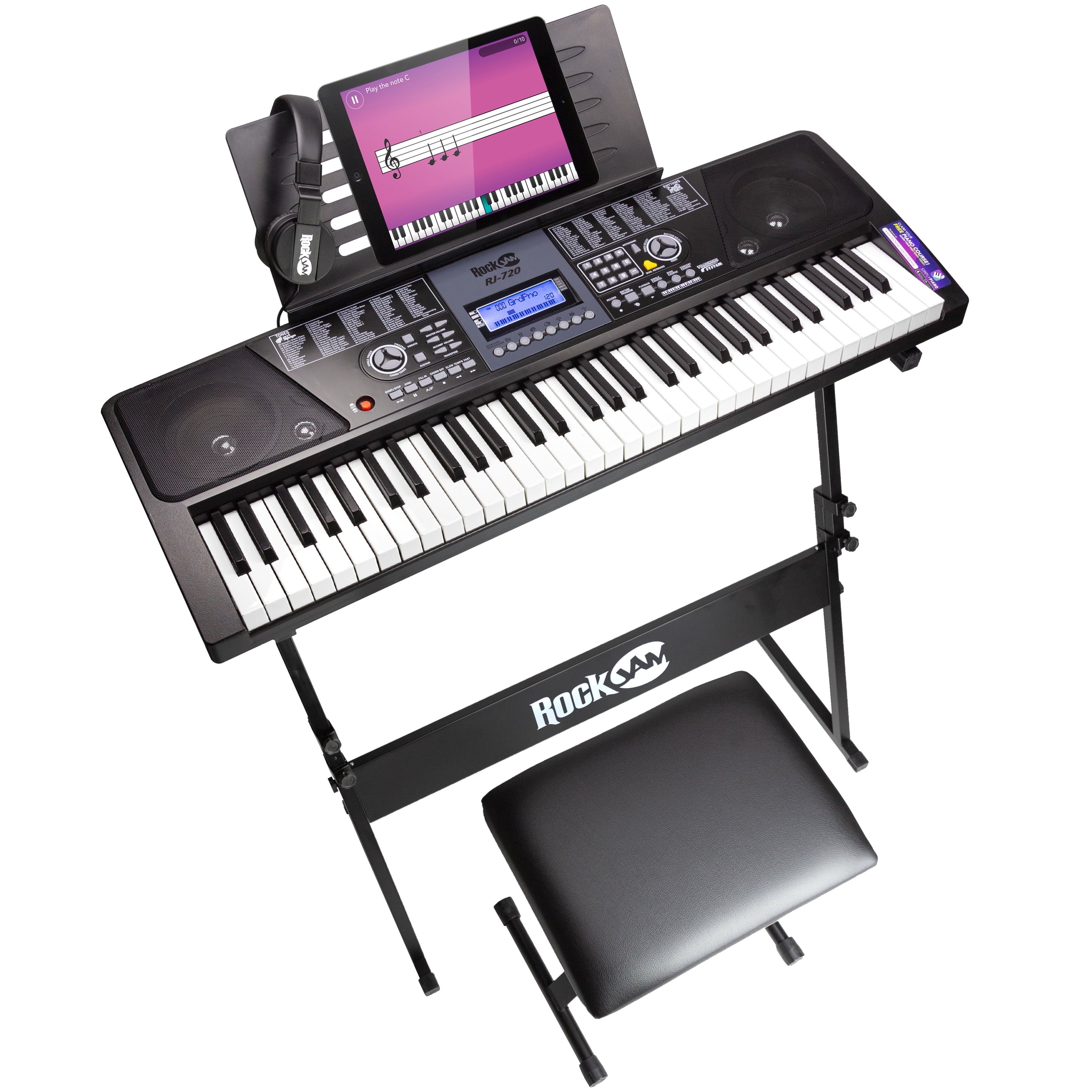 Rockjam 61-Key Electronic Digital Piano Keyboard Kit with Stand, Bench, Music Stand, Headphones, Piano Note Stickers & Lessons