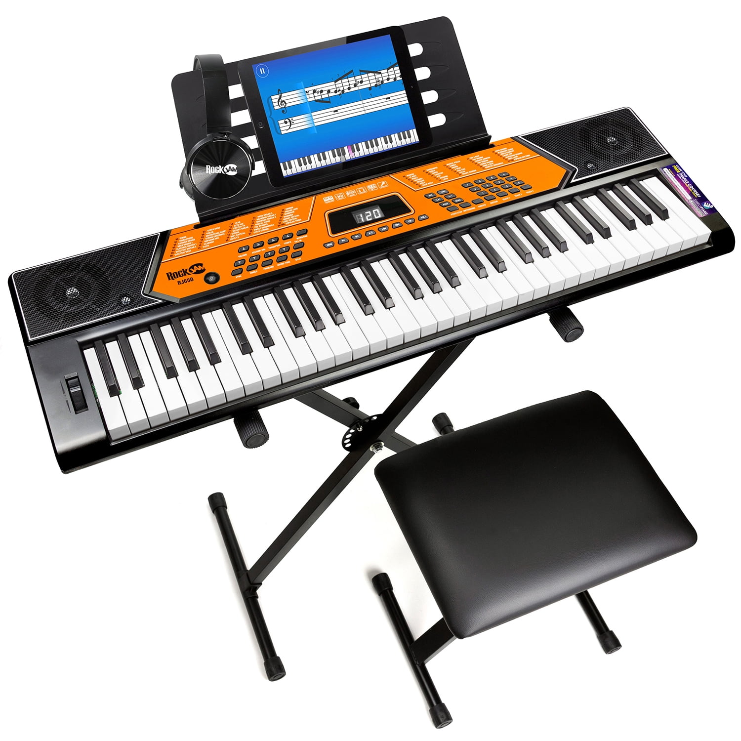 61 Key Premium Electric Keyboard Piano for Beginners with Stand, Built-in  Dual Speakers, Microphone, Headphone, Bench & Display Panel